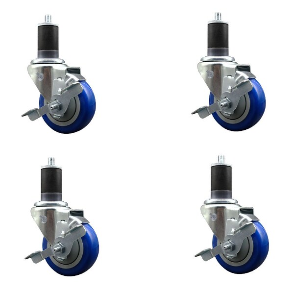 Service Caster 3.5'' Blue Poly Swivel 1-5/8'' Expanding Stem Caster Set with Brake, 4PK SCC-EX20S3514-PPUB-BLUE-TLB-158-4 - main